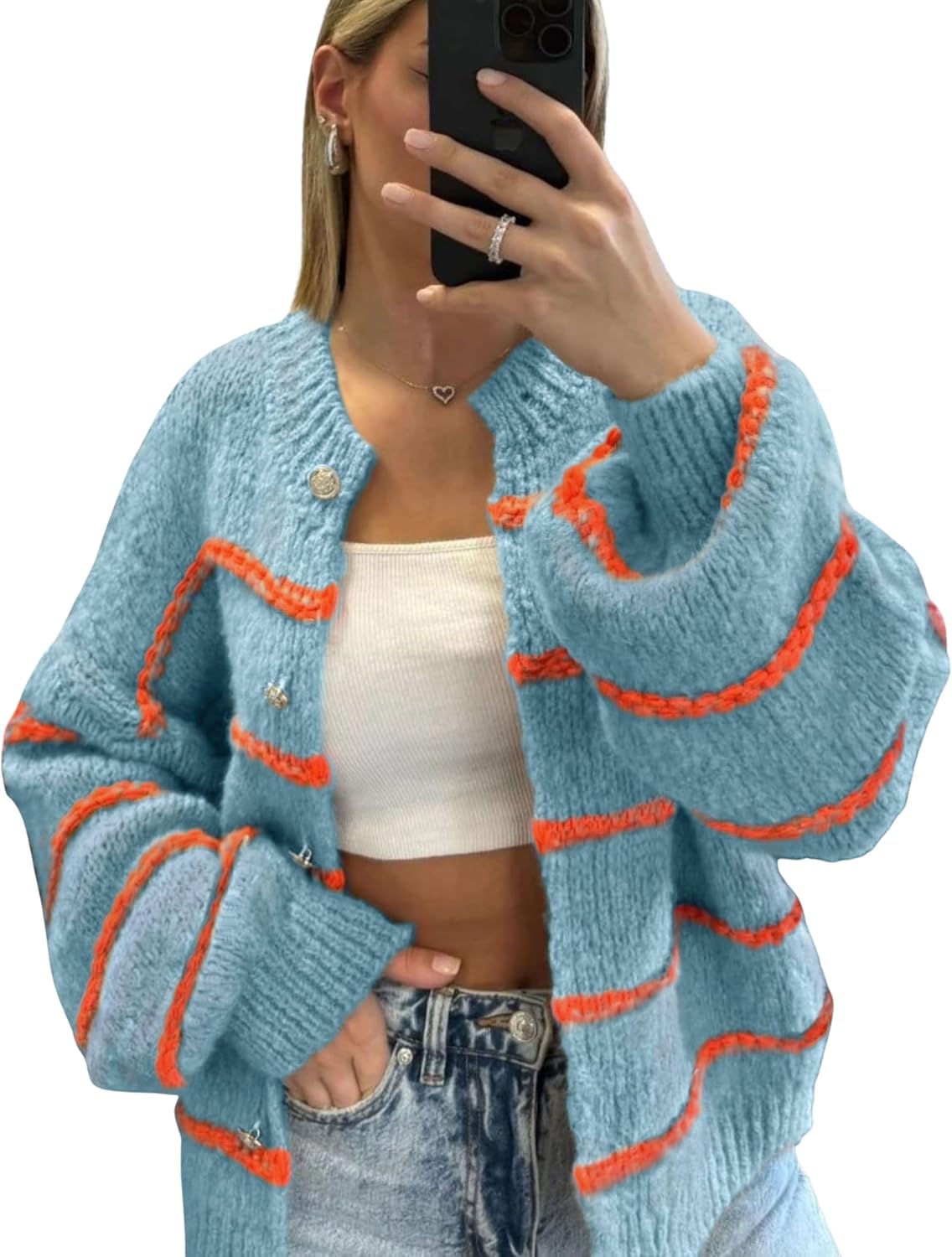 QIBABU Womens Striped Cardigan Sweaters Casual Open Front Long Sleeve Button Down Knit Outwear