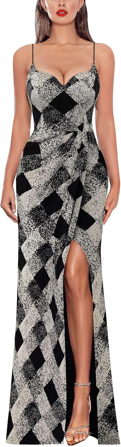 VFSHOW Womens Sexy Formal Ruched Fitted High Slit Bodycon Maxi Dress Spaghetti Strap Sweetheart Cocktail Prom Evening Gown