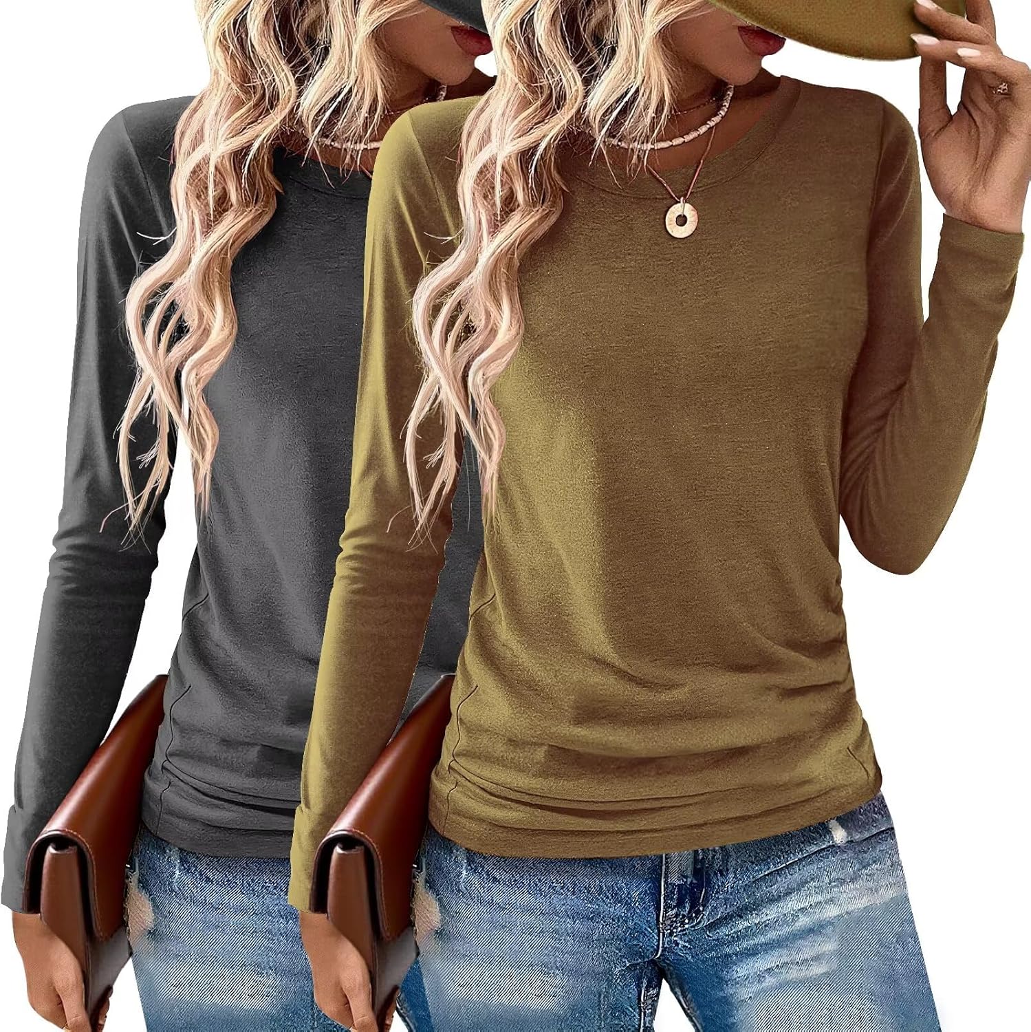 2 Pack Womens Tops Crewneck Soft Long Sleeve Shirts Fall Clothes Casual Tshirts Basic Tee