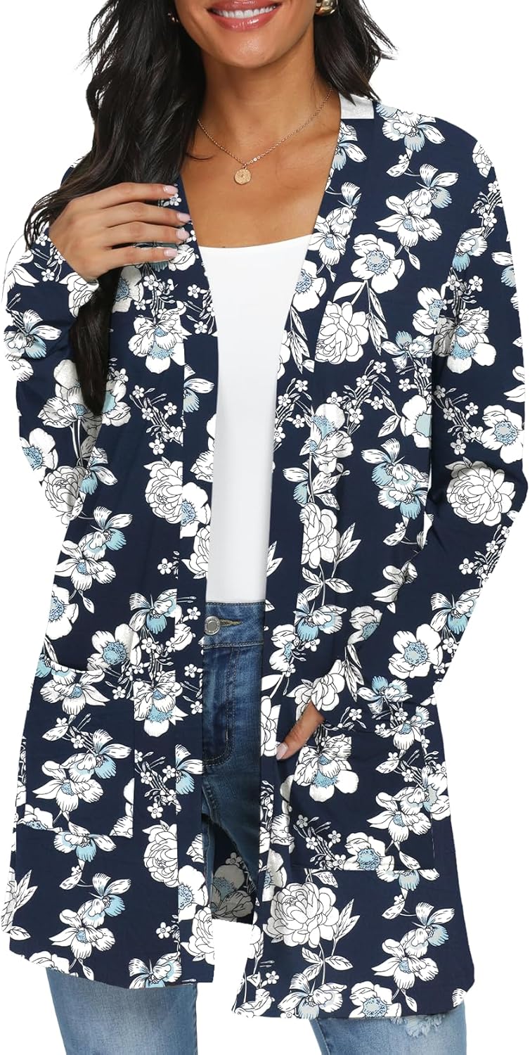 Womens Casual Lightweight with Pocketes Long Sleeve Open Front Cardigan