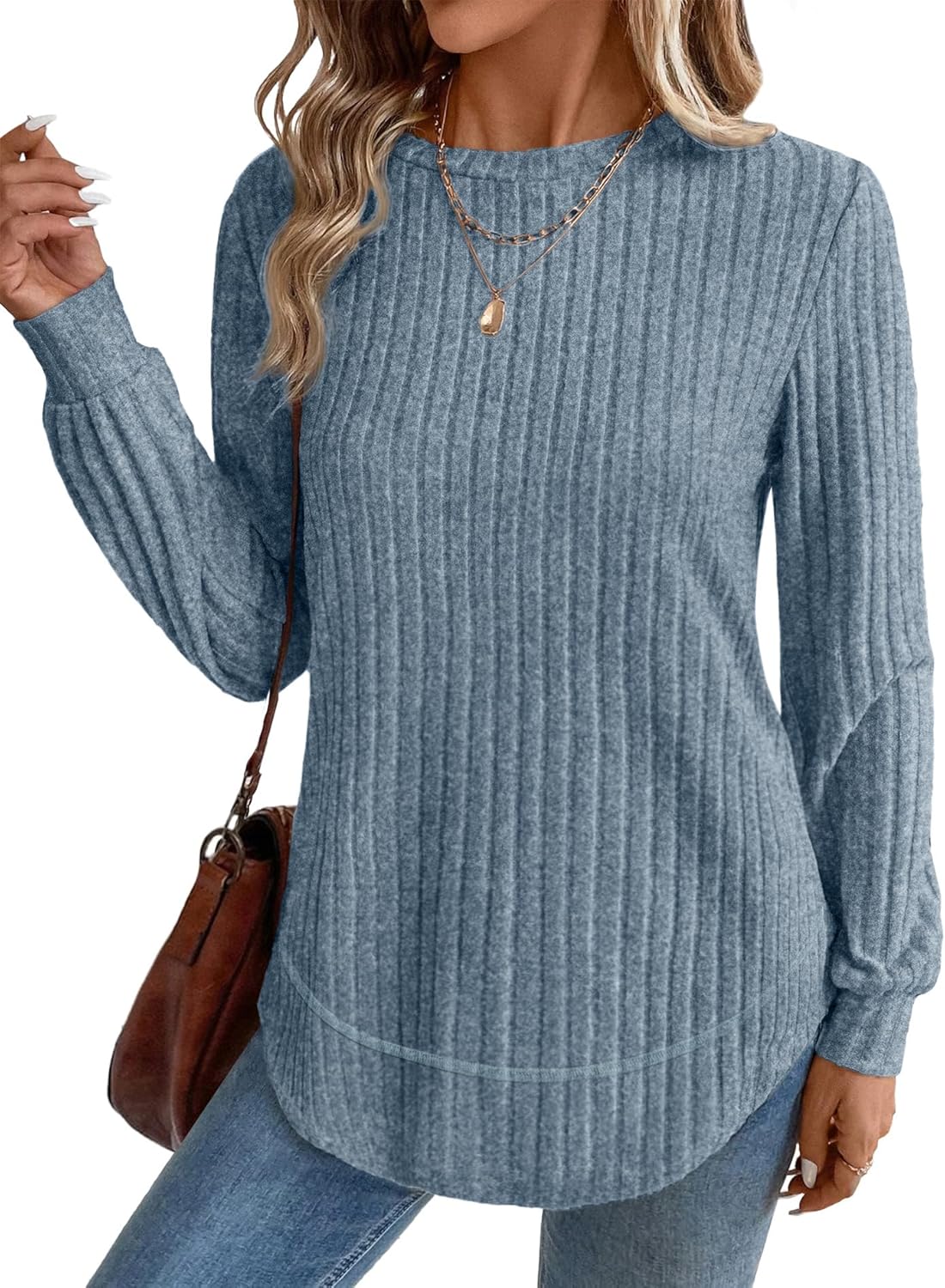 OFEEFAN Tunic Tops for Women Loose Fit Dressy Long Sleeve Shirts Womens Sweaters Crew Neck Fall Clothing with Curved Hem