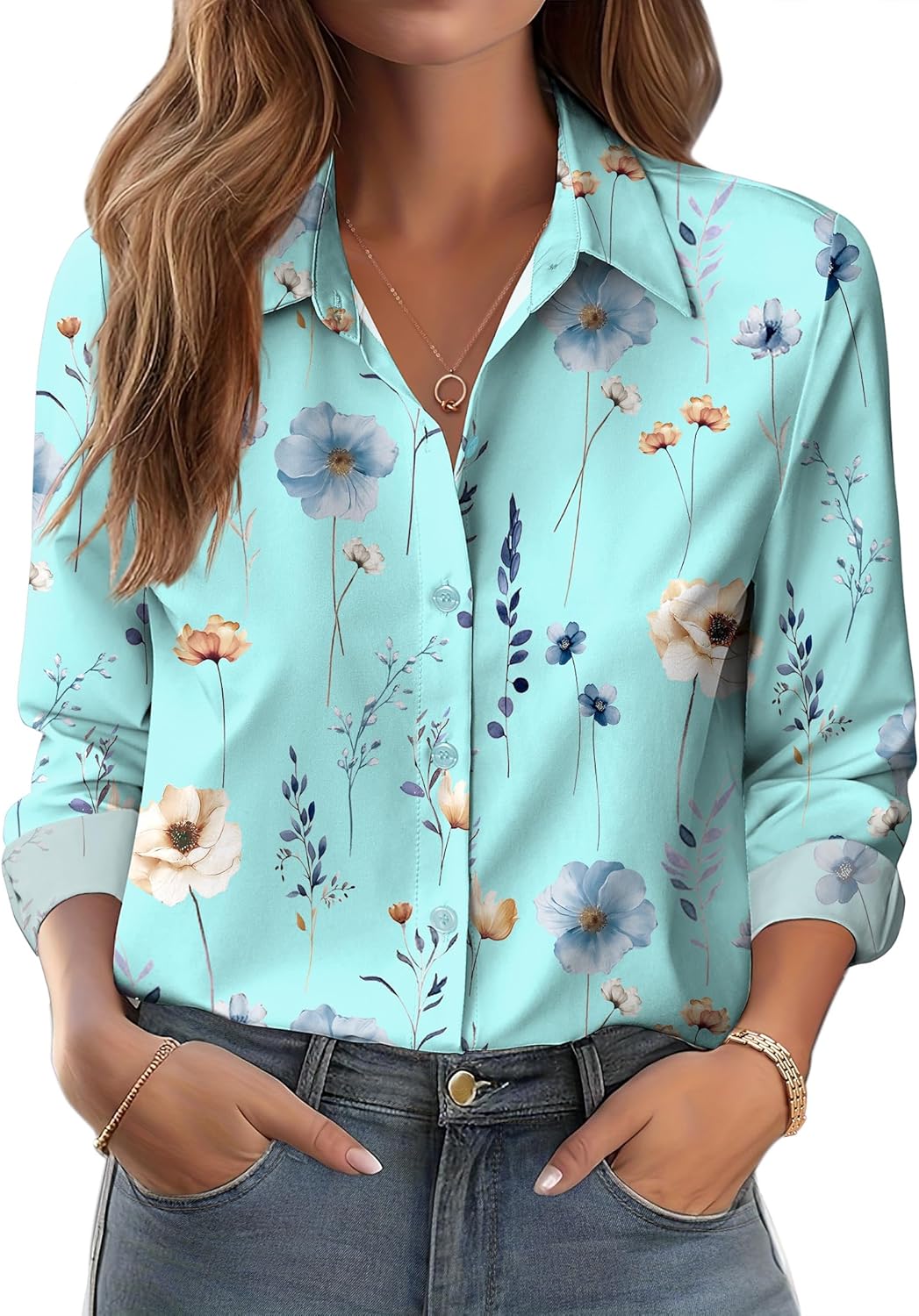 Zeagoo Button Down Shirts for Women Dressy Floral Printed Long Sleeve Blouse Business Casual Work Tops