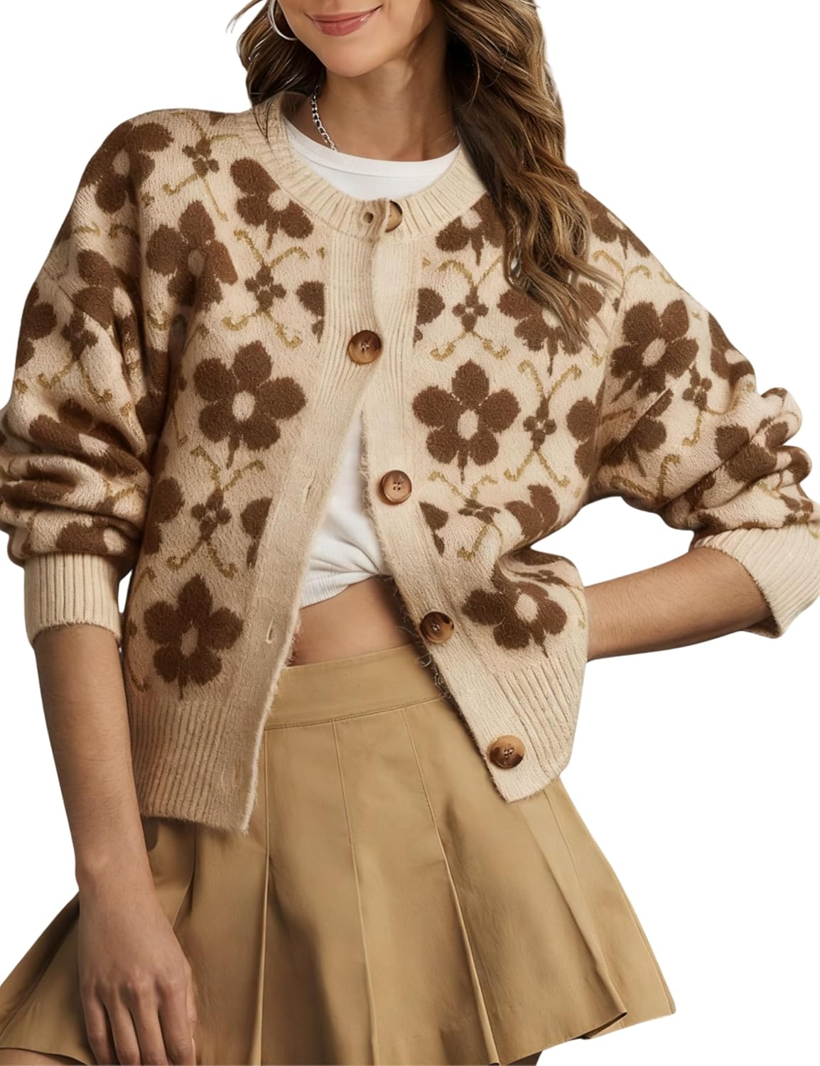 Women Floral Cardigan Sweater Open Front Long Sleeve Button Down Knit Sweater Vintage Outerwear