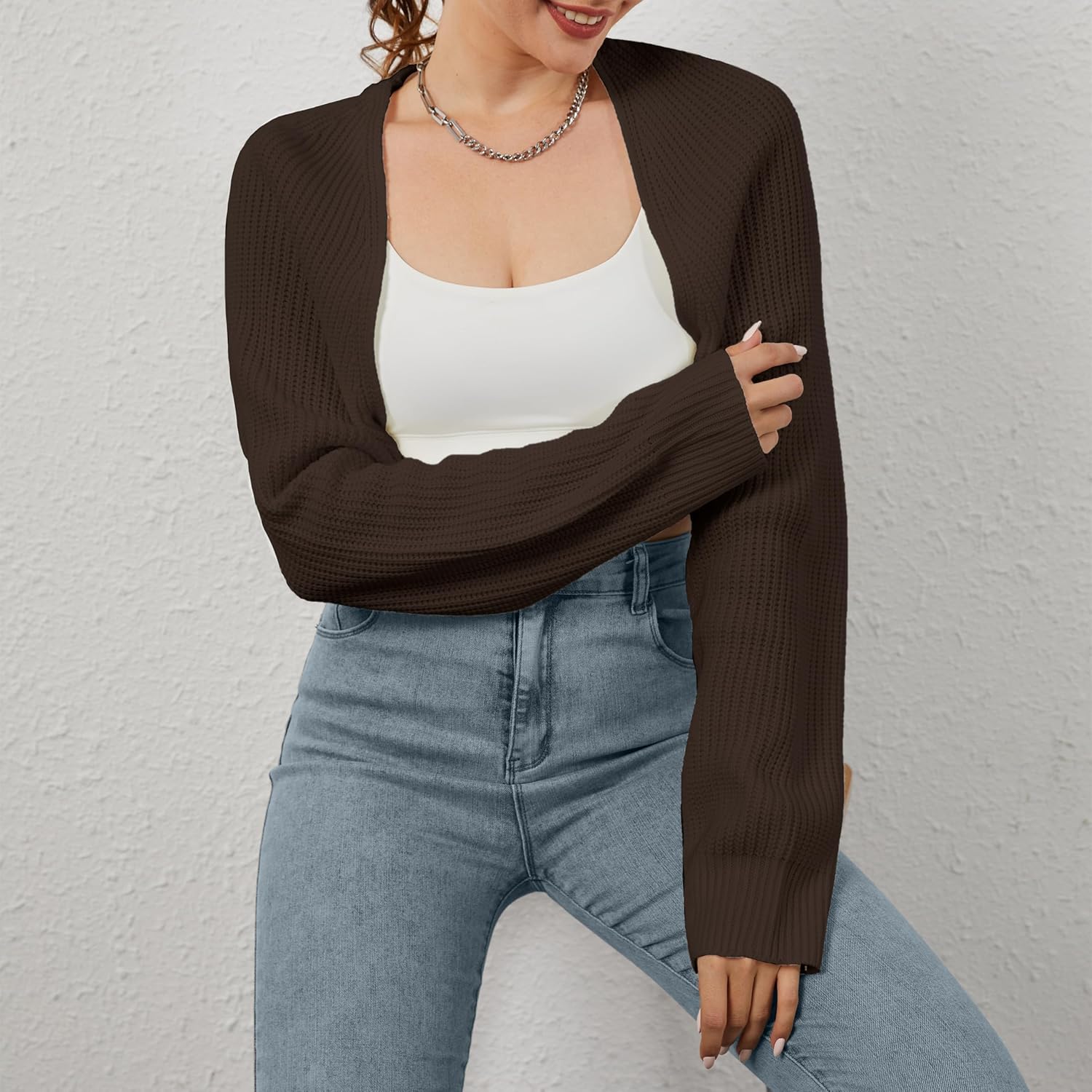Women Open Front Ribbed Knit Crop Bolero Drop Shoulder Long Sleeve Solid Loose Fit Knitted Crop Cardigan Shrug
