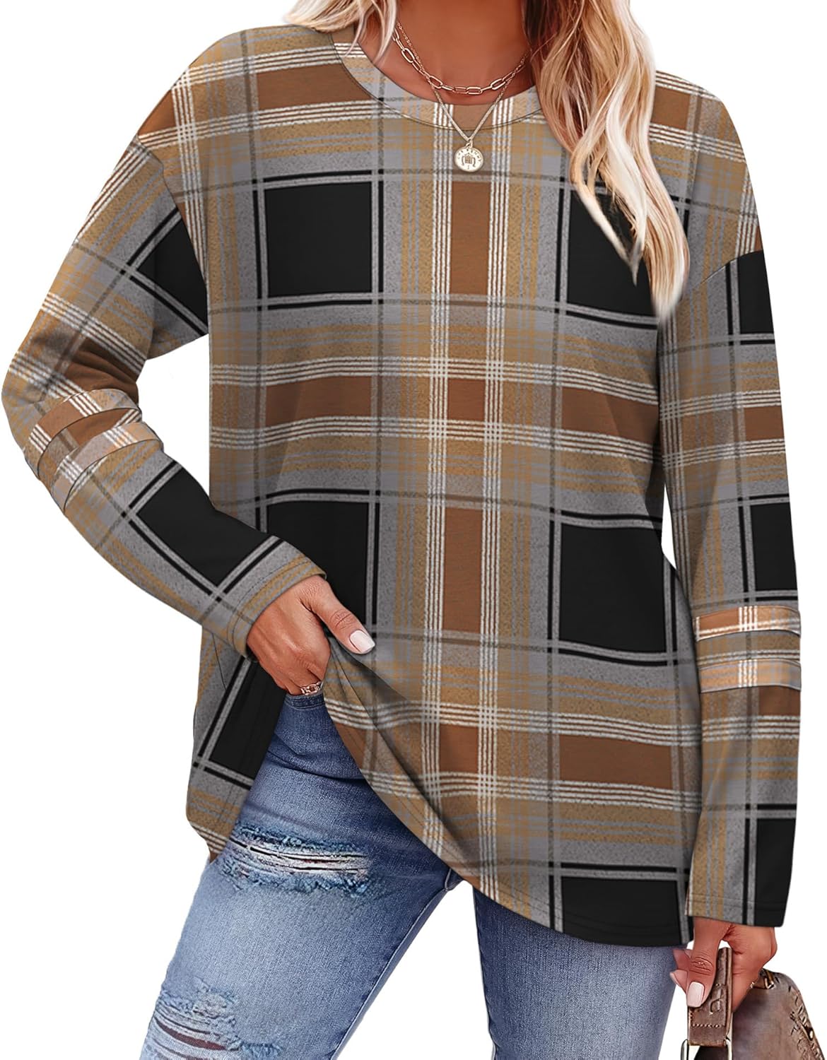 Sampeel Long Sleeve Shirts for Women Color Block Casual Tops Fall Outfits 2025 Basic Tees Trendy Clothes