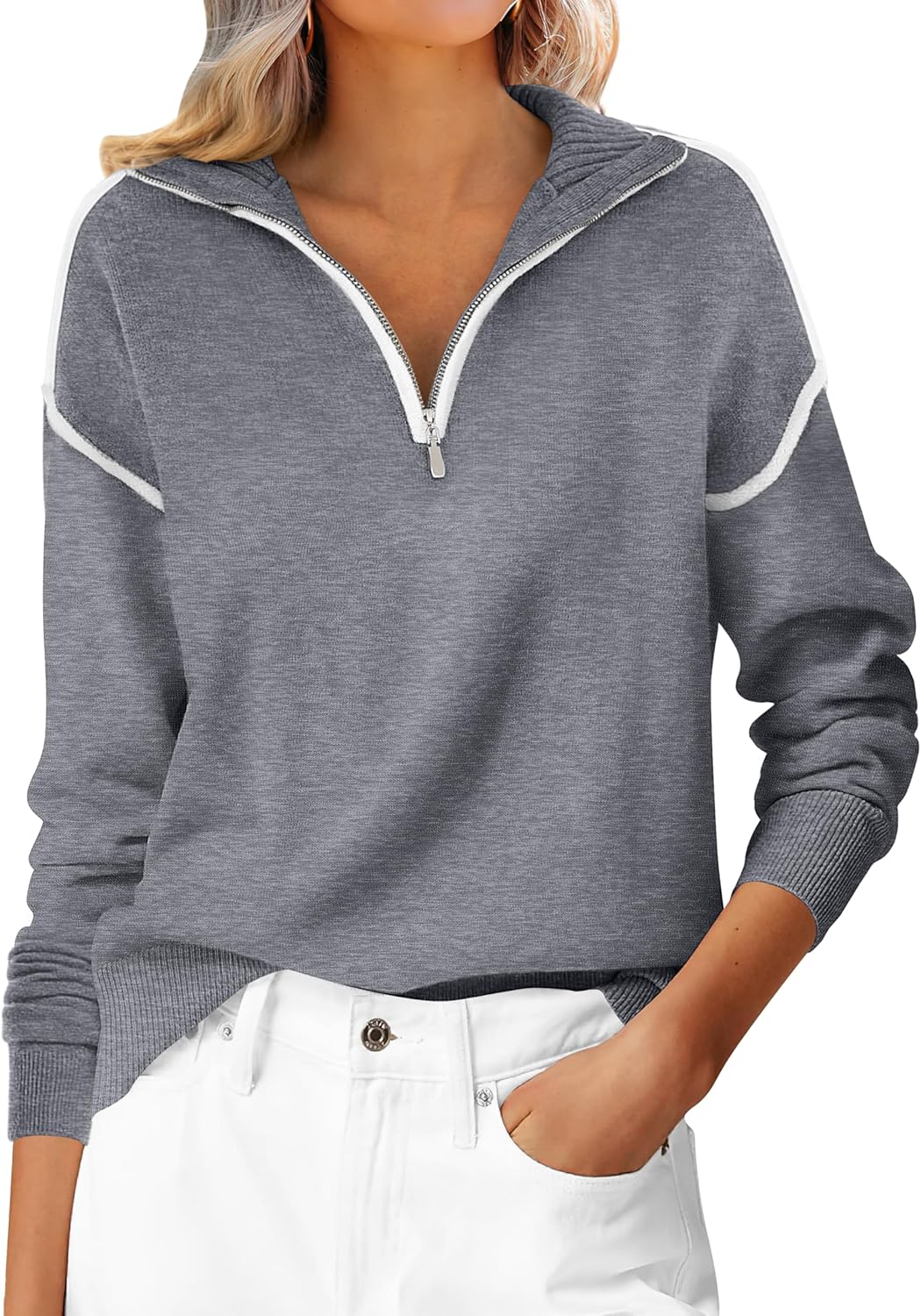 ANRABESS Womens Quarter Zip Sweaters Fall Long Sleeve V Neck Shirts Collared Business Casual Tops Knit Pullover Sweatshirts