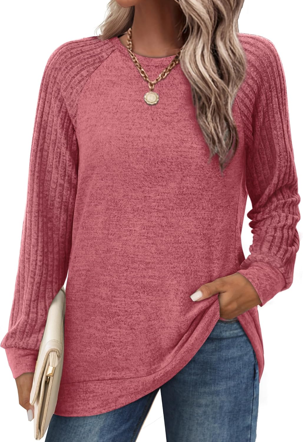 Saloogoe Tunic Sweatshirts for Women Crewneck Lightweight Sweaters Raglan Long Sleeve Shirts Fall Fashion Tops 2025