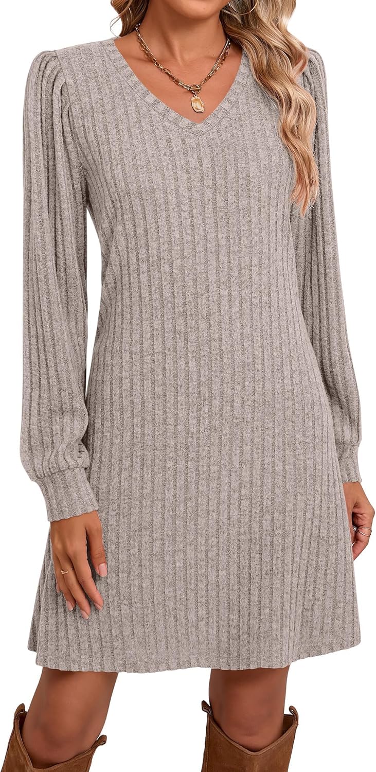 Ficerd Women's Knit Long Sleeve Sweater Dress Casual V Neck Tunic Dresses Fall Trendy Outfits