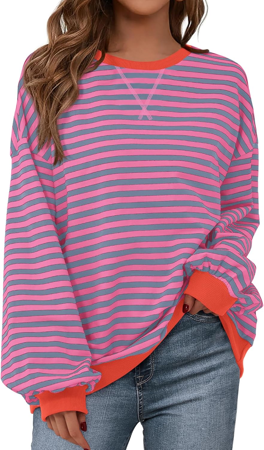 BTFBM Womens Oversized Striped Sweatshirt Crewneck Long Sleeve Pullover Top Casual Y2K Fall Clothes 2025 Workout Shirt