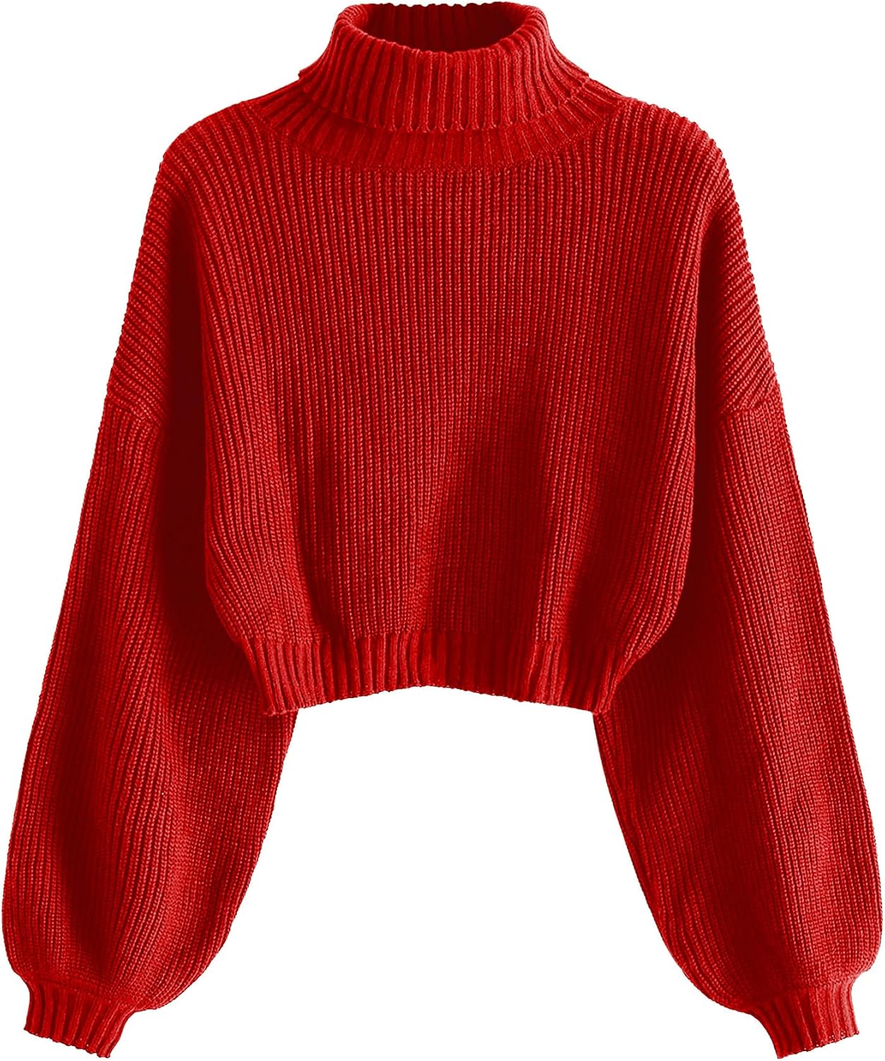 ZAFUL Women's Cropped Turtleneck Sweater Lantern Sleeve Ribbed Knit Pullover Sweater Jumper