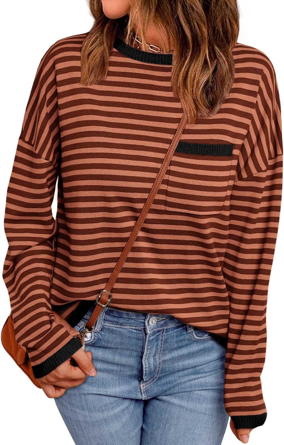 LILLUSORY Womens Striped Soft Knit Pullover Sweater Loose Fit Shirts with Chest Pocket