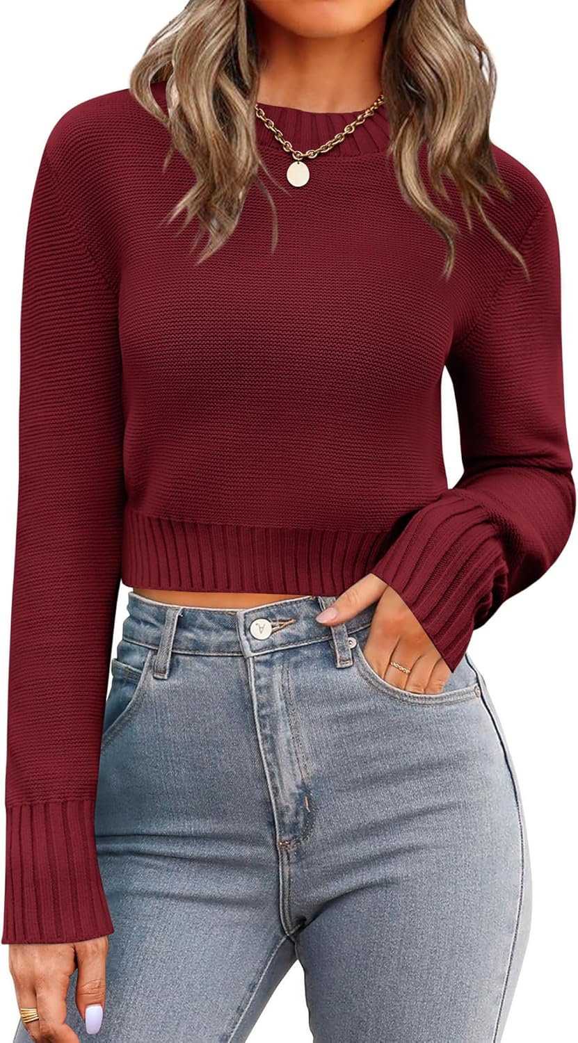 Zeagoo Women's 2025 Fall Crewneck Cropped Sweater Trendy Long Sleeve Ribbed Knit Pullover Jumper Tops