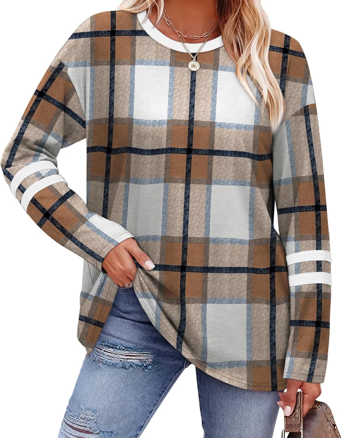 Sampeel Long Sleeve Shirts for Women Color Block Casual Tops Fall Outfits 2025 Basic Tees Trendy Clothes