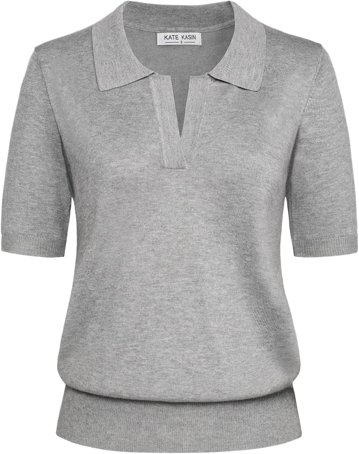 Kate Kasin Women Short Sleeve Polo Sweater V Neck Knitted Tops Casual Ribbed Shirt Loose Pullover Sweater