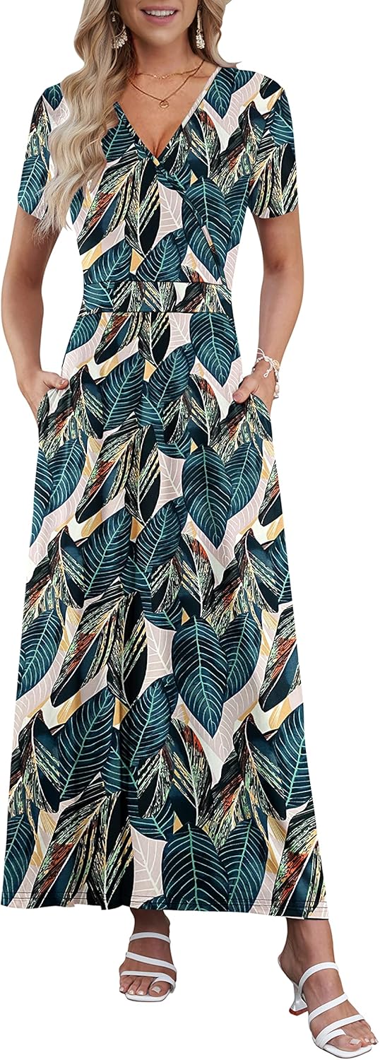AUSELILY Maxi Dresses for Women Ankle Length Floral Print Beach Long Flowy Dress with Pockets