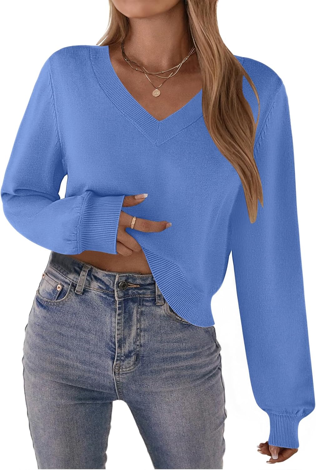 Zeagoo Women's 2025 Fall V-Neck Cropped Sweater Trendy Long Latern Sleeve Ribbed Knit Pullover Crop Tops