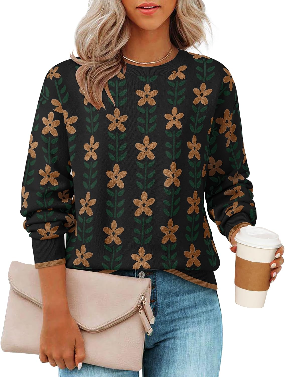 ZESICA Women's Long Sleeve Crewneck Sweater 2025 Fall Printed Cute Oversized Knitted Pullover Tops Trendy Clothes