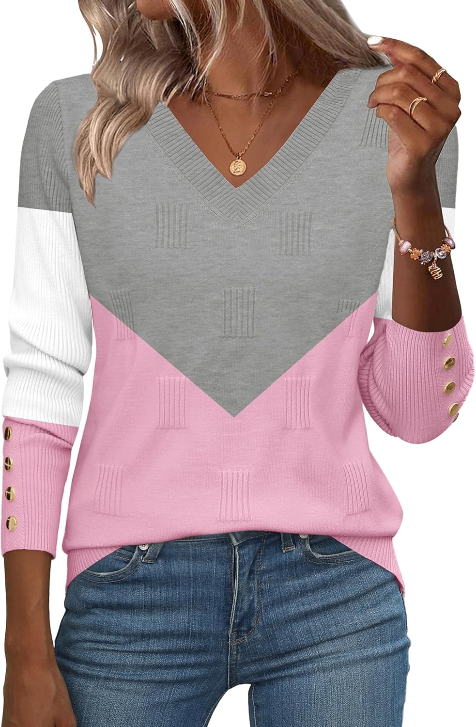 Zeagoo Womens V Neck Sweaters Shirts Long Sleeve Lightweight Ribbed Knit Pullover Sweater Blouse Tops with Buttons Oufits