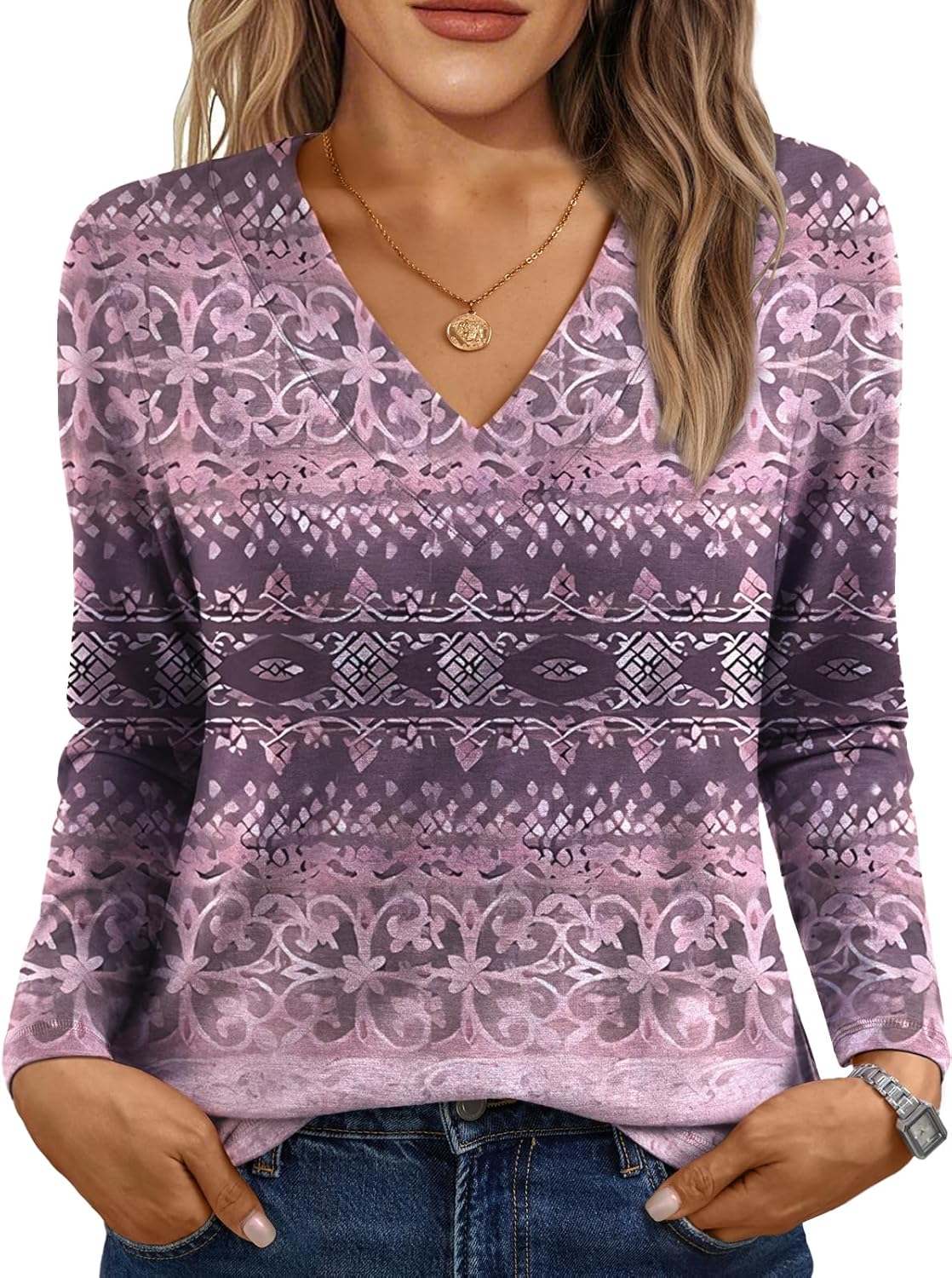 AUTOMET Long Sleeve Shirts for Women Tops V Neck Casual Top Comfortable Shirt Soft Basic Tees Women Blouses