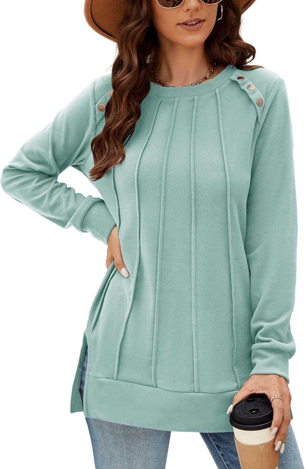 Odosalii Womens Long Sleeve Tops Crewneck Sweatshirts Pleated Front Sweaters Plain Shirts Trendy Side Split Fall Outfits