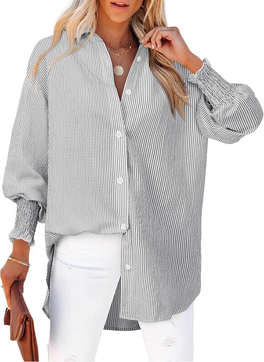 Women's Striped Button Down Shirts Long Sleeve Smocked Cuffed Oversized Boyfriend Blouses Collared Work No Pockets Tops