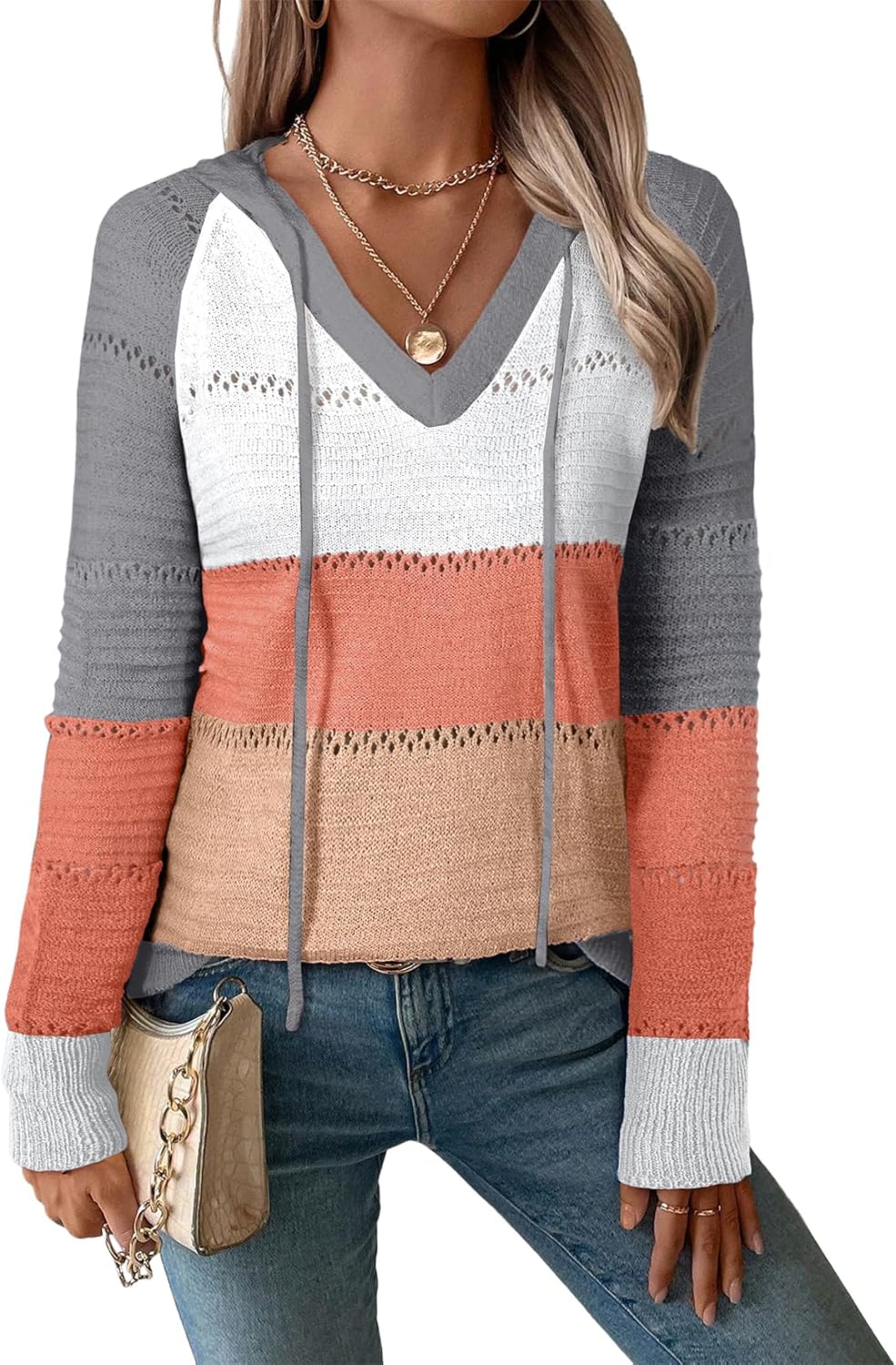BLENCOT Women Color Block Hooded Crochet Striped Sweaters Lightweight Drawstring Hoodies Pullover Trendy Sweatshirts
