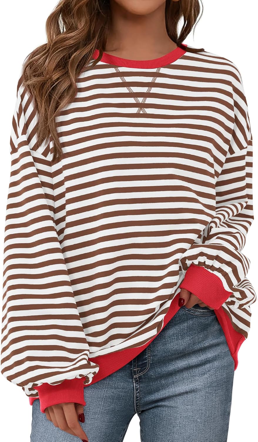 BTFBM Womens Oversized Striped Sweatshirt Crewneck Long Sleeve Pullover Top Casual Y2K Fall Clothes 2025 Workout Shirt