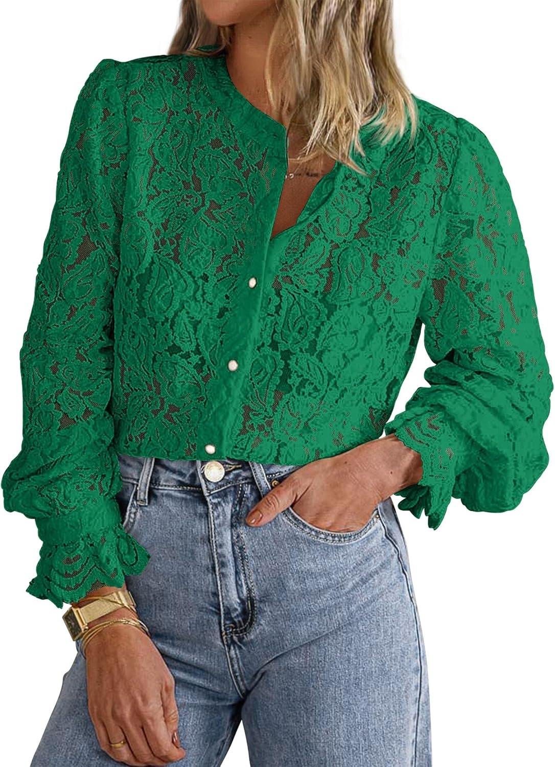 PRETTYGARDEN Women's Dressy Casual Lace Blouse Long Sleeve Button Up Shirts Tops Spring Fall Fashion Clothes