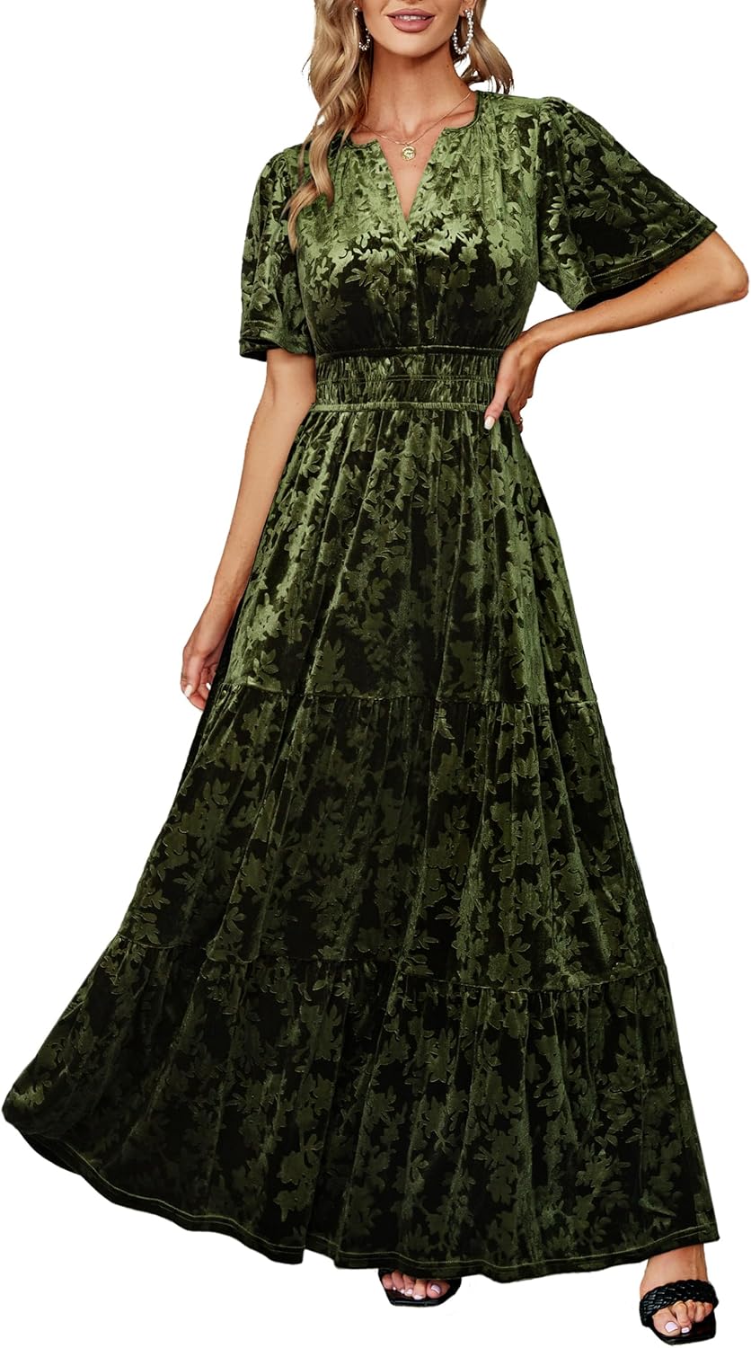 Amegoya Women's Velvet Short Sleeve V Neck Formal Wedding Guest Maxi Dresses Fall Evening Party Long Dresses