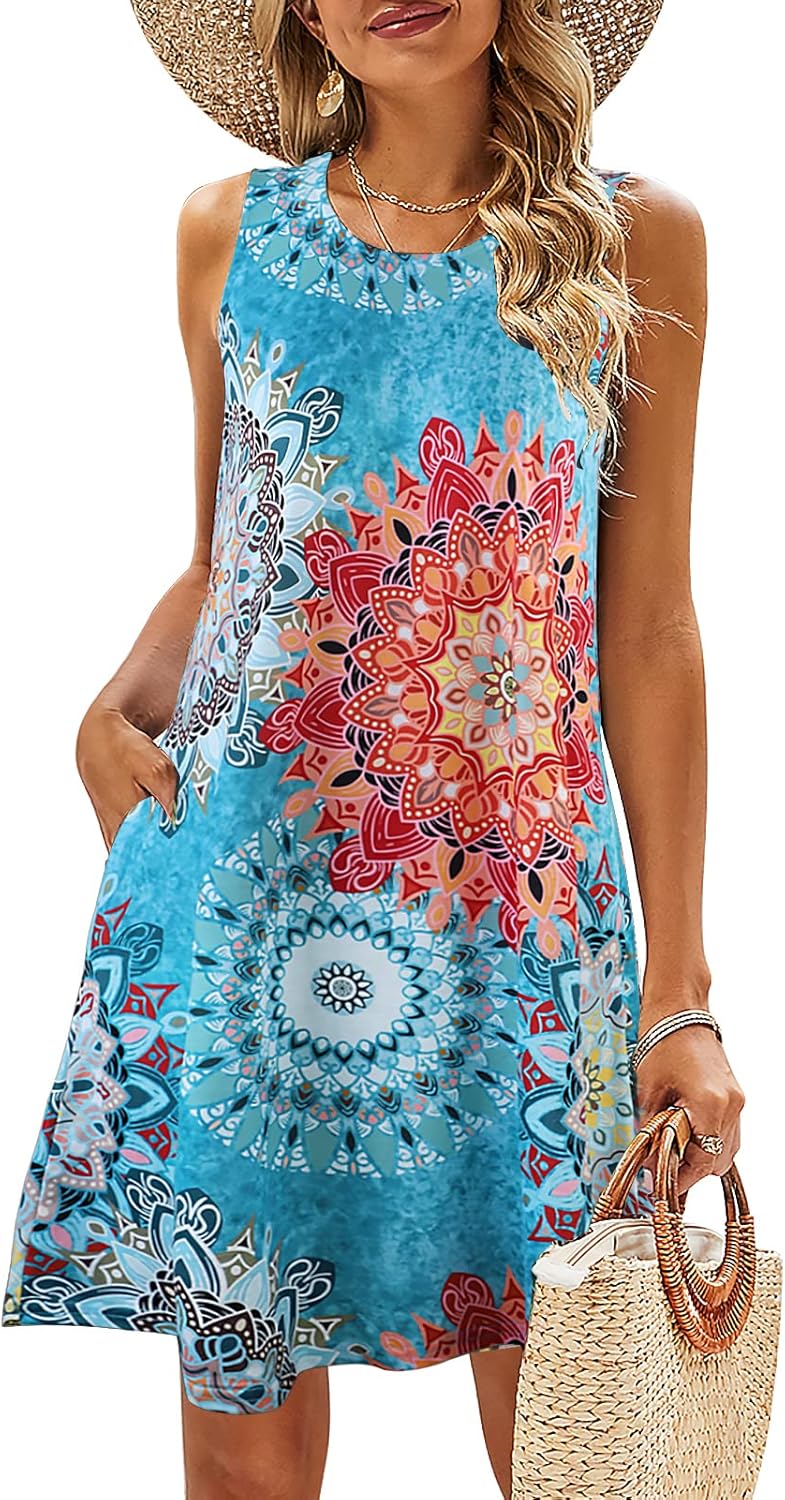 SimpleFun Summer Dresses for Women Beach Floral Tshirt Sundress Casual Pockets Boho Tank Dress