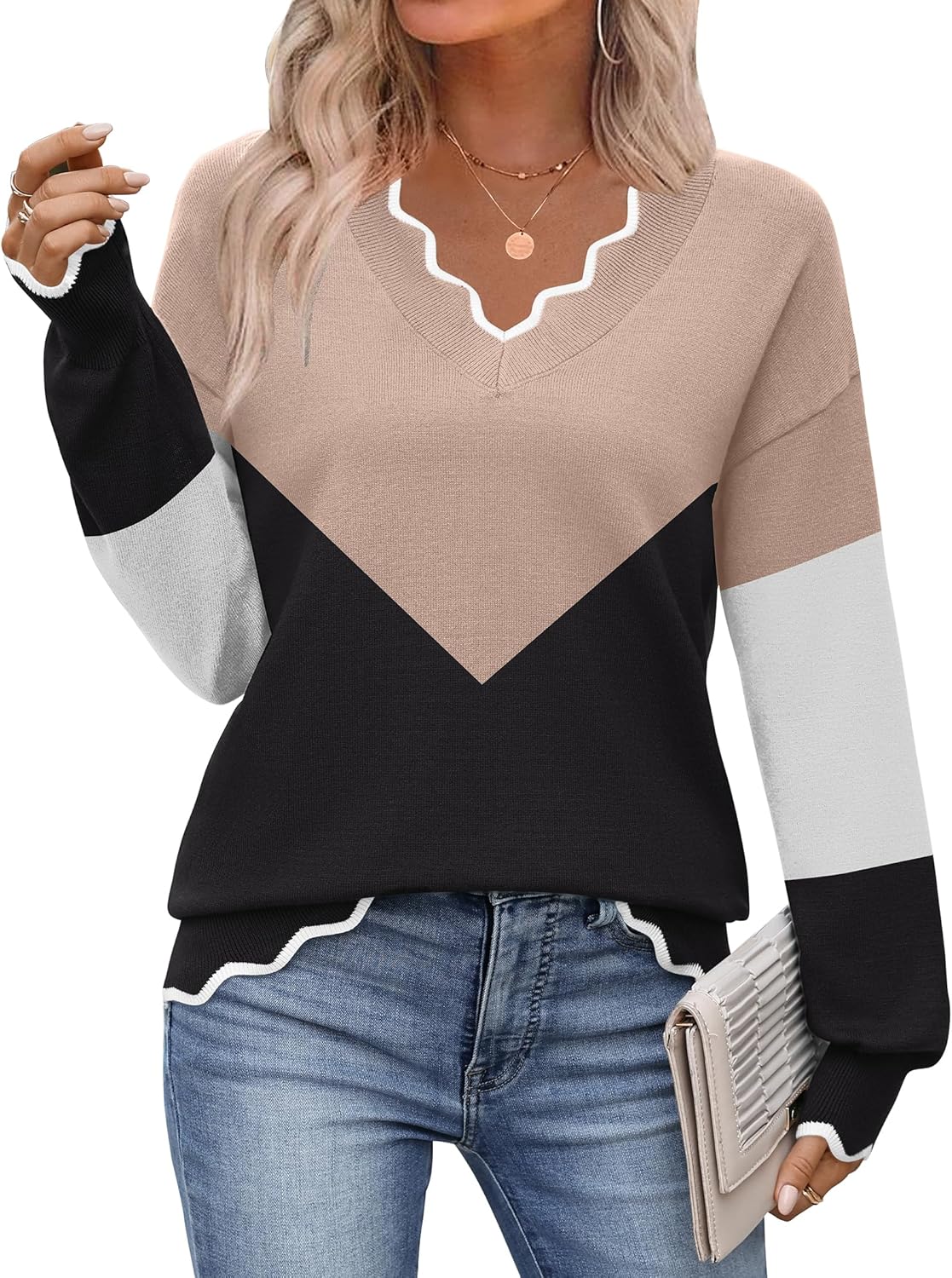 Zeagoo Women's 2025 Fall V Neck Sweater Casual Long Sleeve Lightweight Ribbed Knit Pullover Sweaters Dressy Casual Tops