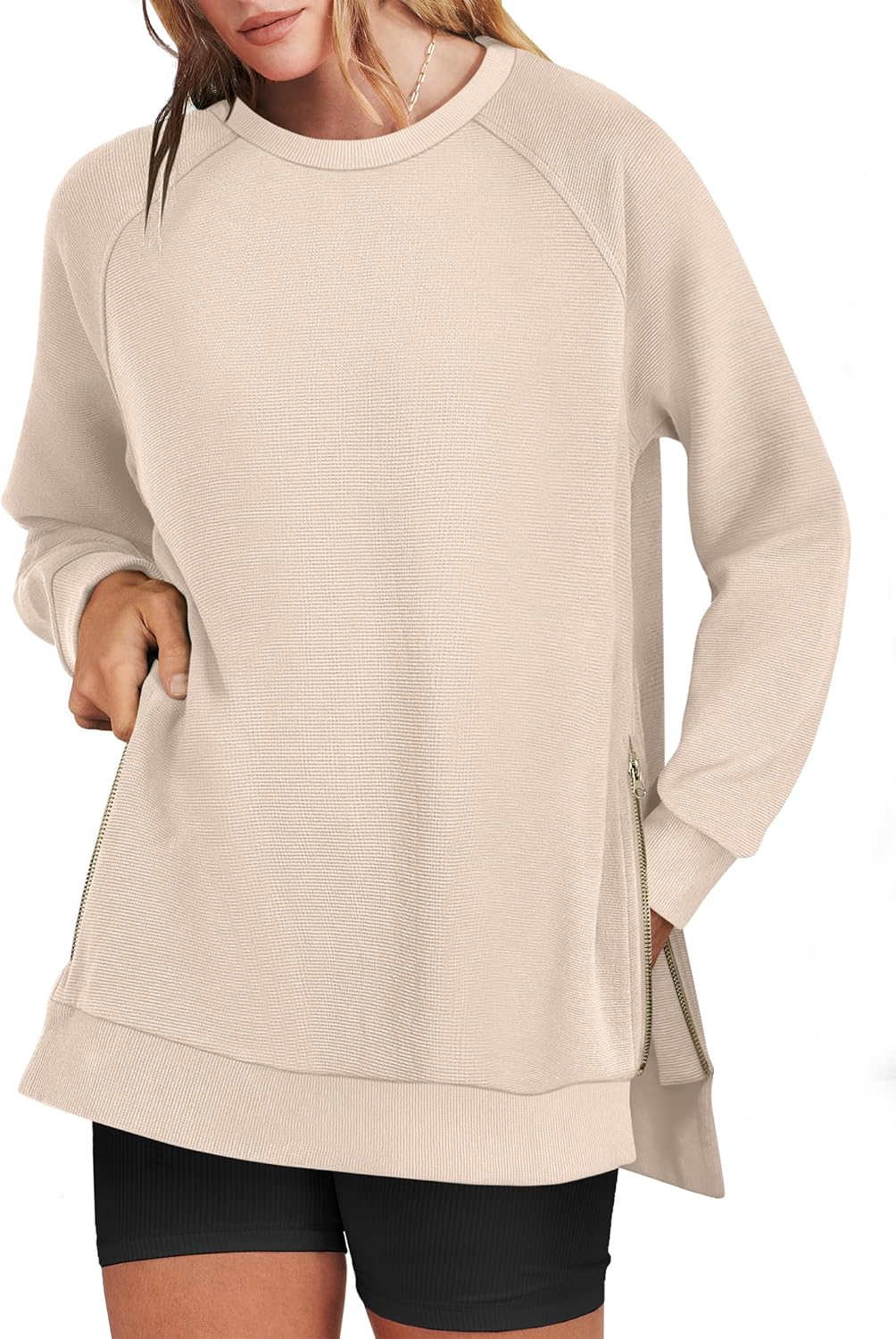 ANRABESS Women's Oversized Sweatshirts Crewneck Long Sleeve Tunic Pullover Shirts Side Zipper Hoodies 2025 Fall Clothes