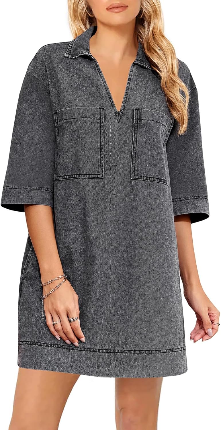 Fisoew Womens Denim Shirt Dress Summer Collared V Neck Mini Casual Jean Dresses with Pockets