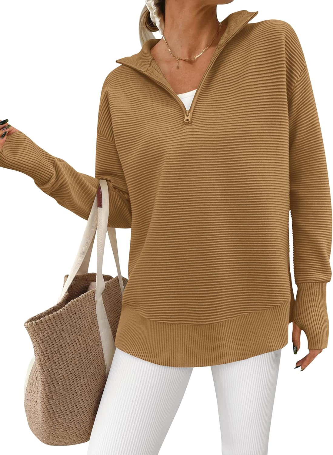 PRETTYGARDEN Womens Long Sleeve Quarter Zip Pullover Sweater Casual Loose V Neck Collared Ribbed Knit Jumper Tops Thumb Hole