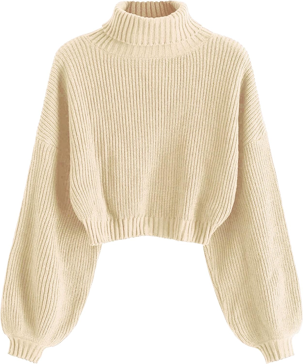 ZAFUL Women's Cropped Turtleneck Sweater Lantern Sleeve Ribbed Knit Pullover Sweater Jumper