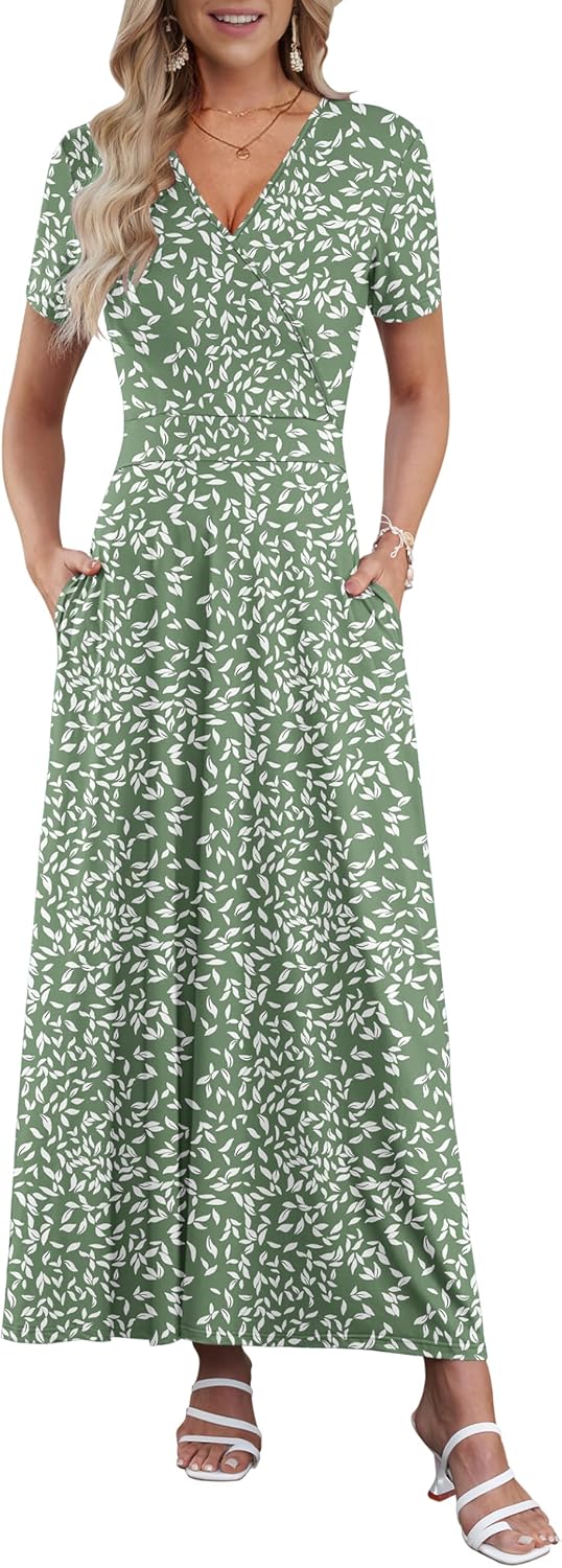 AUSELILY Maxi Dresses for Women Ankle Length Floral Print Beach Long Flowy Dress with Pockets