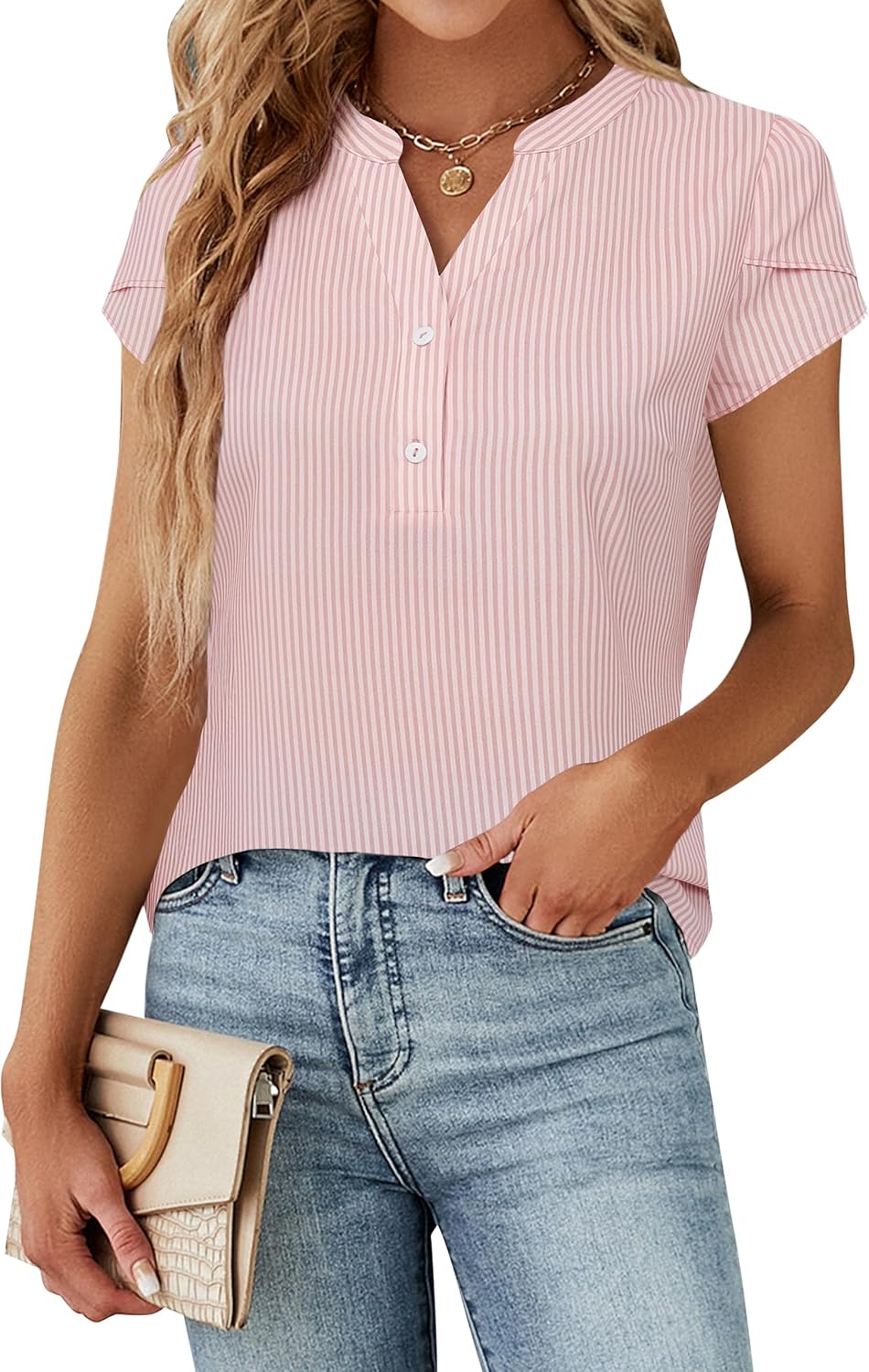 Blooming Jelly Women's Dressy Casual Tops Business Work Blouses White Button Down Shirts Cap Sleeve V Neck Tshirt