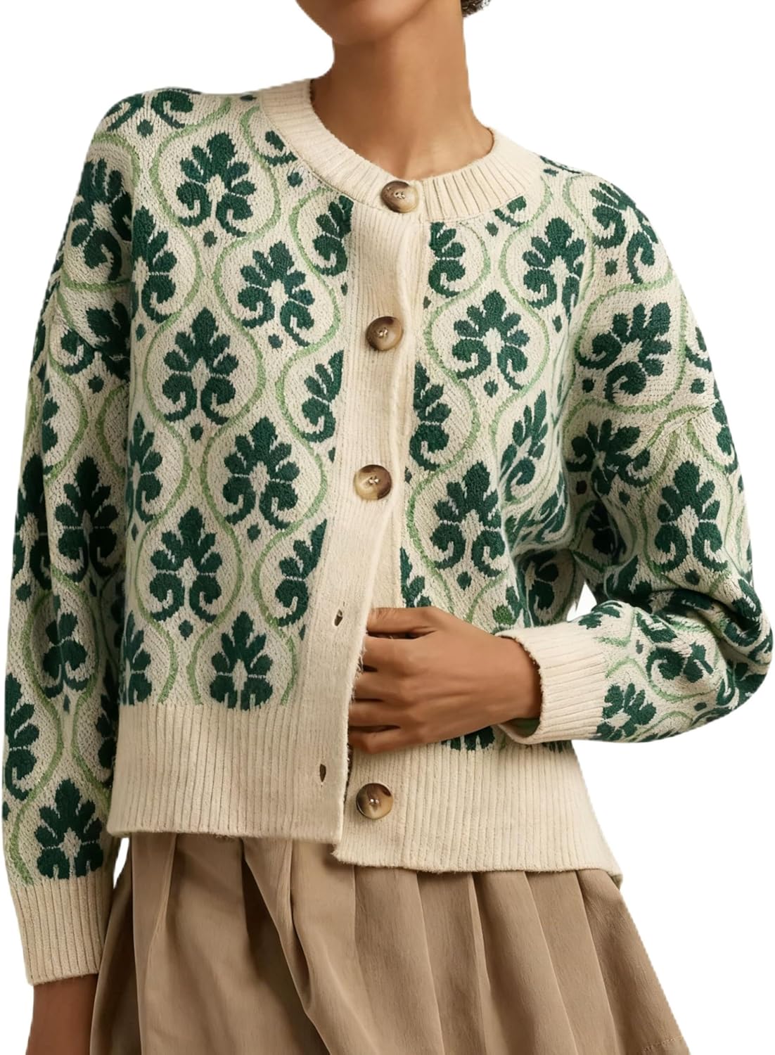 Women Floral Cardigan Sweater Open Front Long Sleeve Button Down Knit Sweater Vintage Outerwear