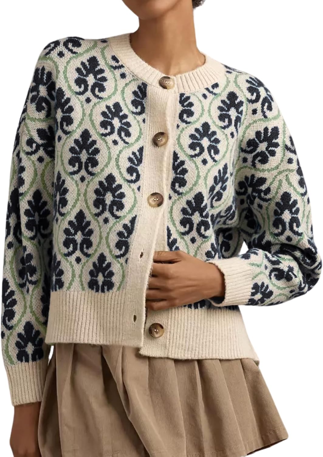 Women Floral Cardigan Sweater Open Front Long Sleeve Button Down Knit Sweater Vintage Outerwear