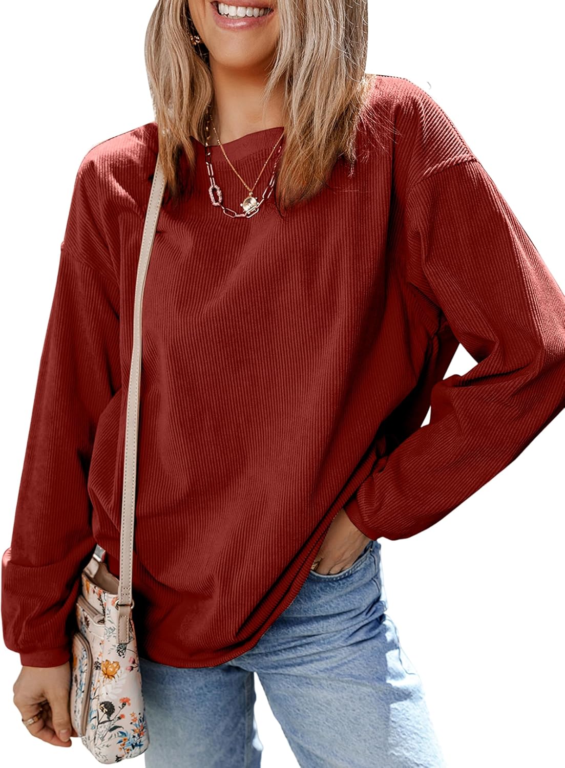 SELINK Womens Crewneck Oversized Corduroy Corded Sweatshirt Long Sleeve Casual Pullover Tops