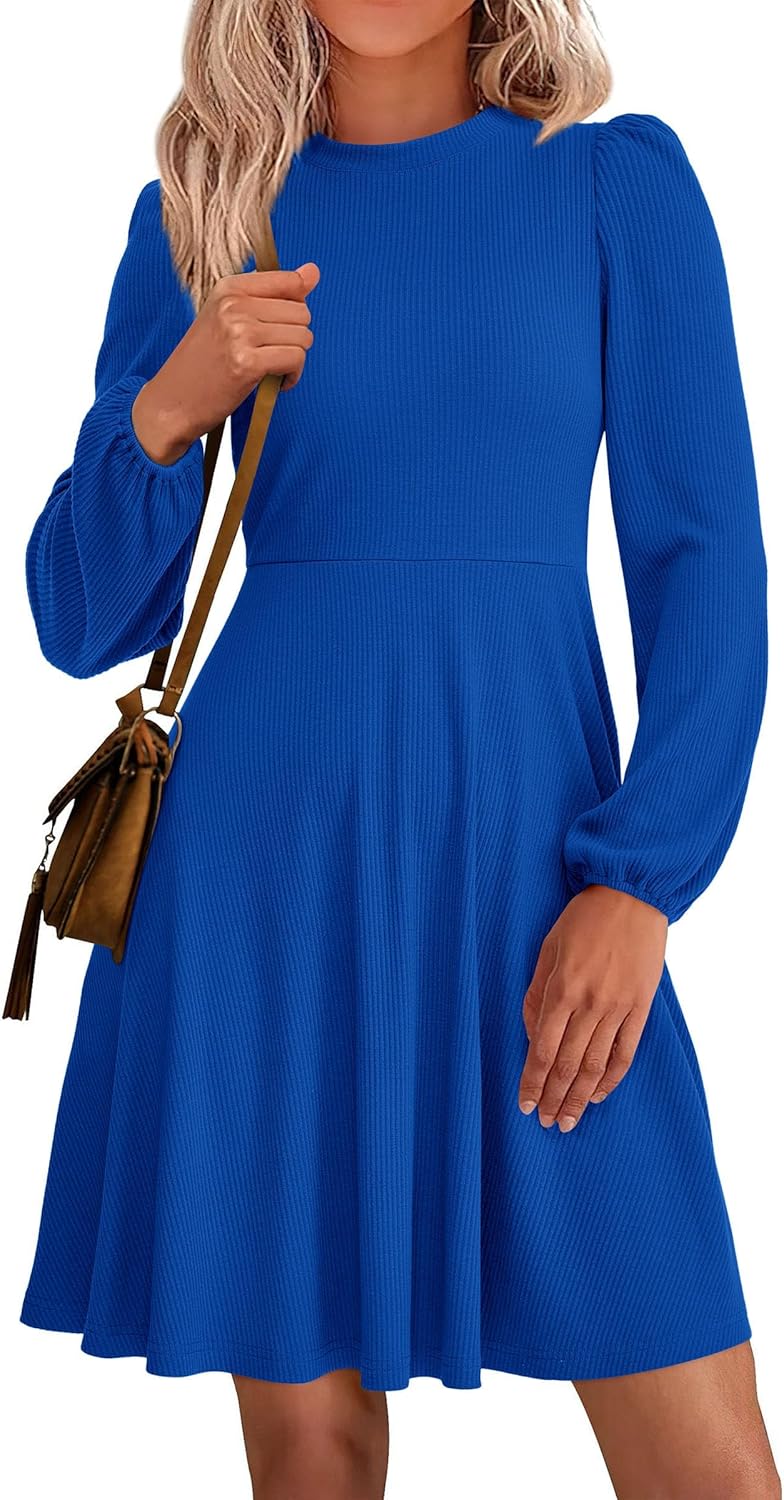 PRETTYGARDEN Womens Long Sleeve Mini Dress 2025 Fall Trendy Crewneck Ribbed Knit Soft A Line Flowy Summer Formal Dresses