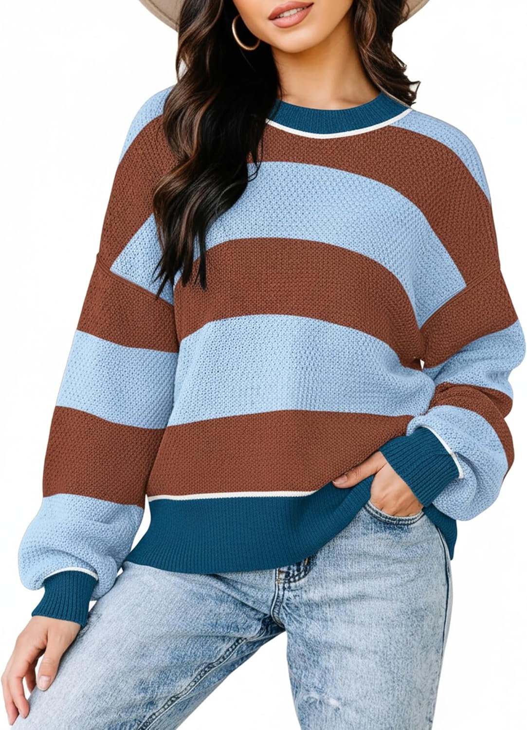 Womens Sweaters Fall 2025 Fashion Long Sleeve Color Block Oversized Sweater Trendy Casual Crew Neck Knitted Tops Pullover