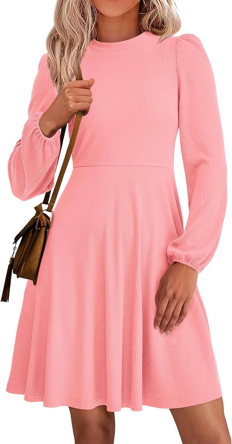 PRETTYGARDEN Womens Long Sleeve Mini Dress 2025 Fall Trendy Crewneck Ribbed Knit Soft A Line Flowy Summer Formal Dresses
