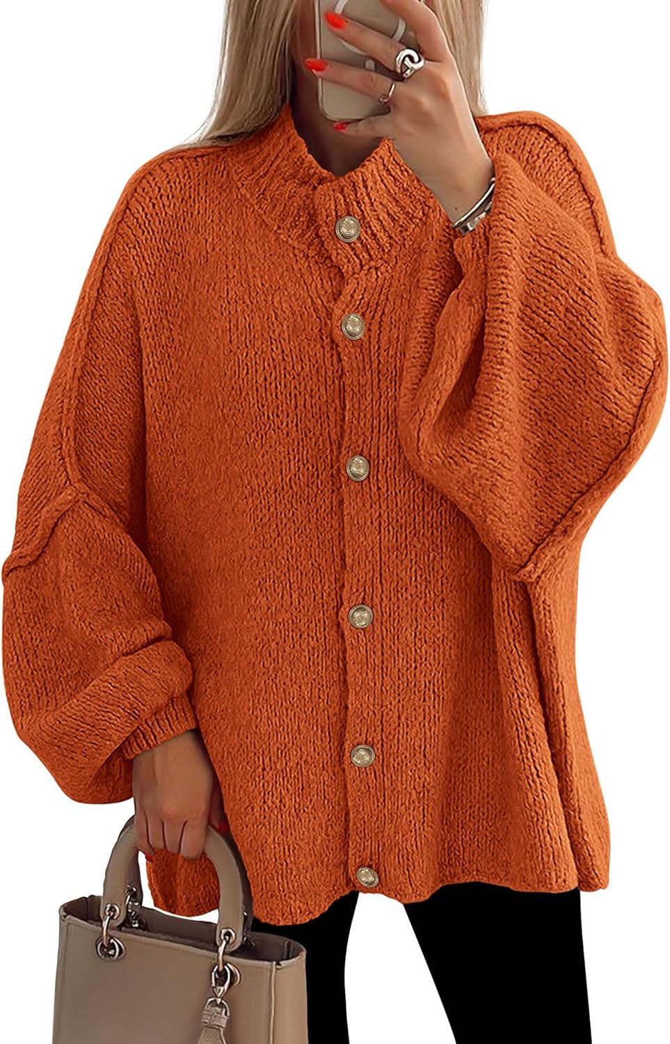 PRETTYGARDEN Women's Winter Button Down Cardigan Sweaters Mock Neck Lantern Long Sleeve Chunky Knit Jacket Trendy Outerwear