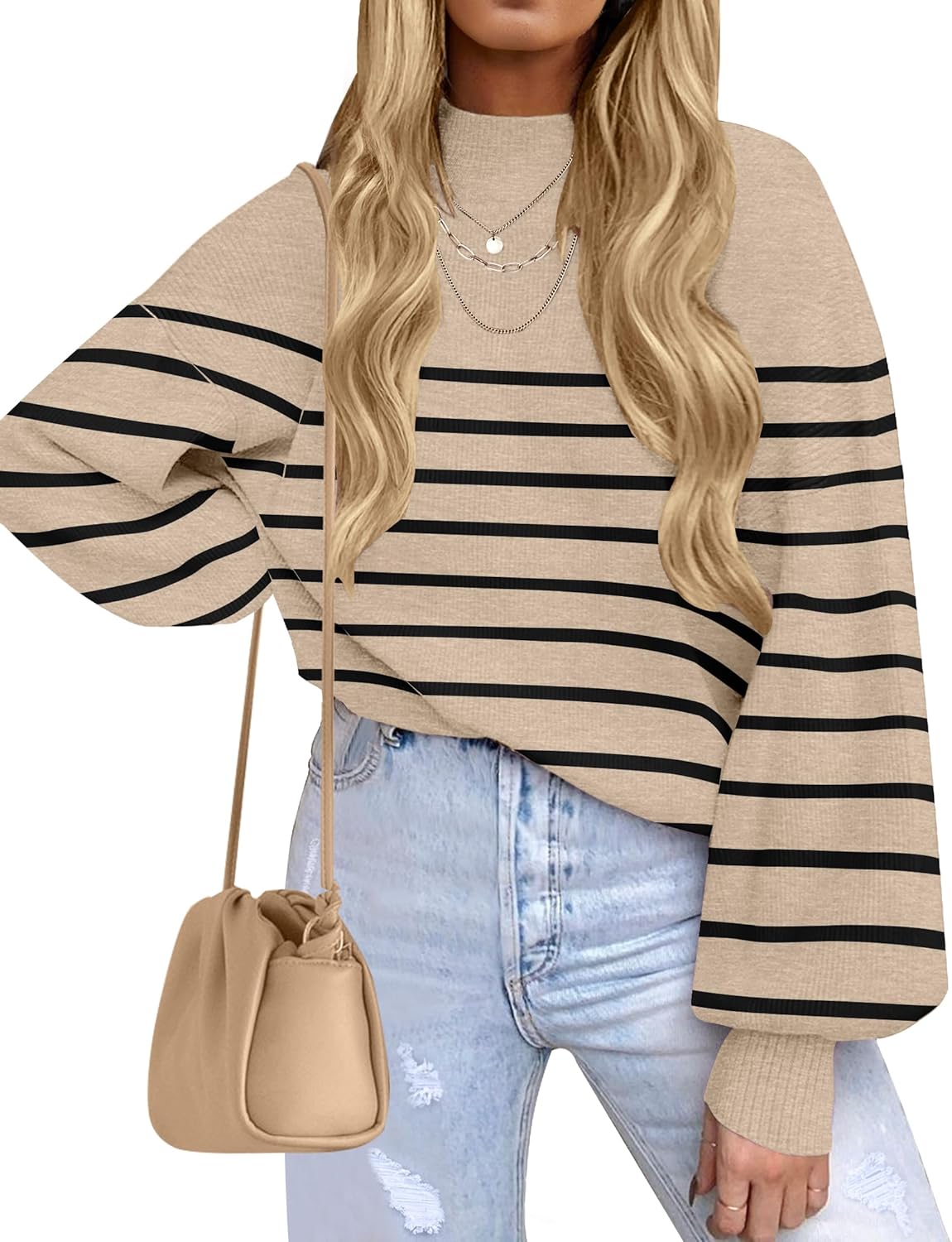 ZESICA Women's 2025 Fall Fashion Turtleneck Long Sleeve Striped Ribbed Knit Loose Pullover Sweater Tops