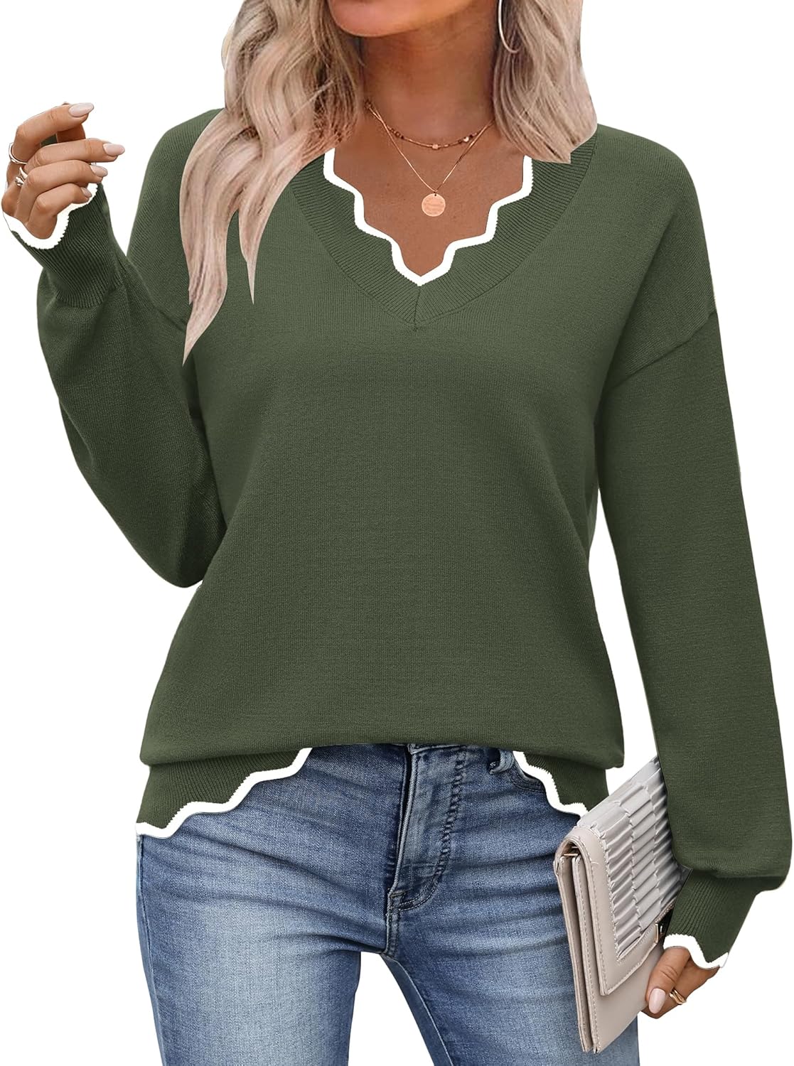 Zeagoo Women's 2025 Fall V Neck Sweater Casual Long Sleeve Lightweight Ribbed Knit Pullover Sweaters Dressy Casual Tops