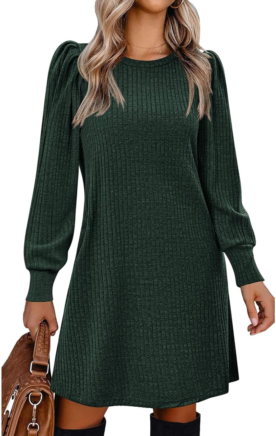 Zeagoo Women's Knit Dress with Puff Sleeves for Fall & Winter - Round Neck Casual Tunic Dress