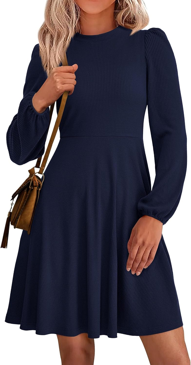 PRETTYGARDEN Womens Long Sleeve Mini Dress 2025 Fall Trendy Crewneck Ribbed Knit Soft A Line Flowy Summer Formal Dresses