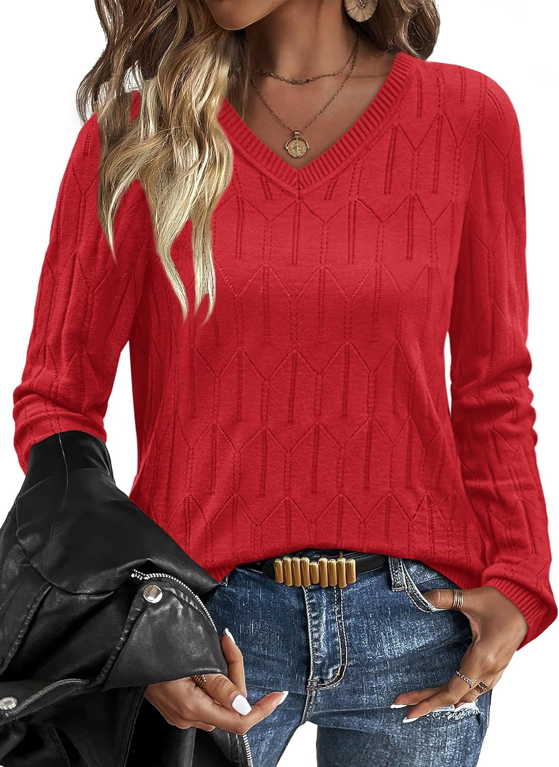 OFEEFAN Womens Sweaters Long Sleeve Shirts Fall Outfits 2025 V Neck Soft Knit Pullover Trendy Tops Dressy Casual Blouses