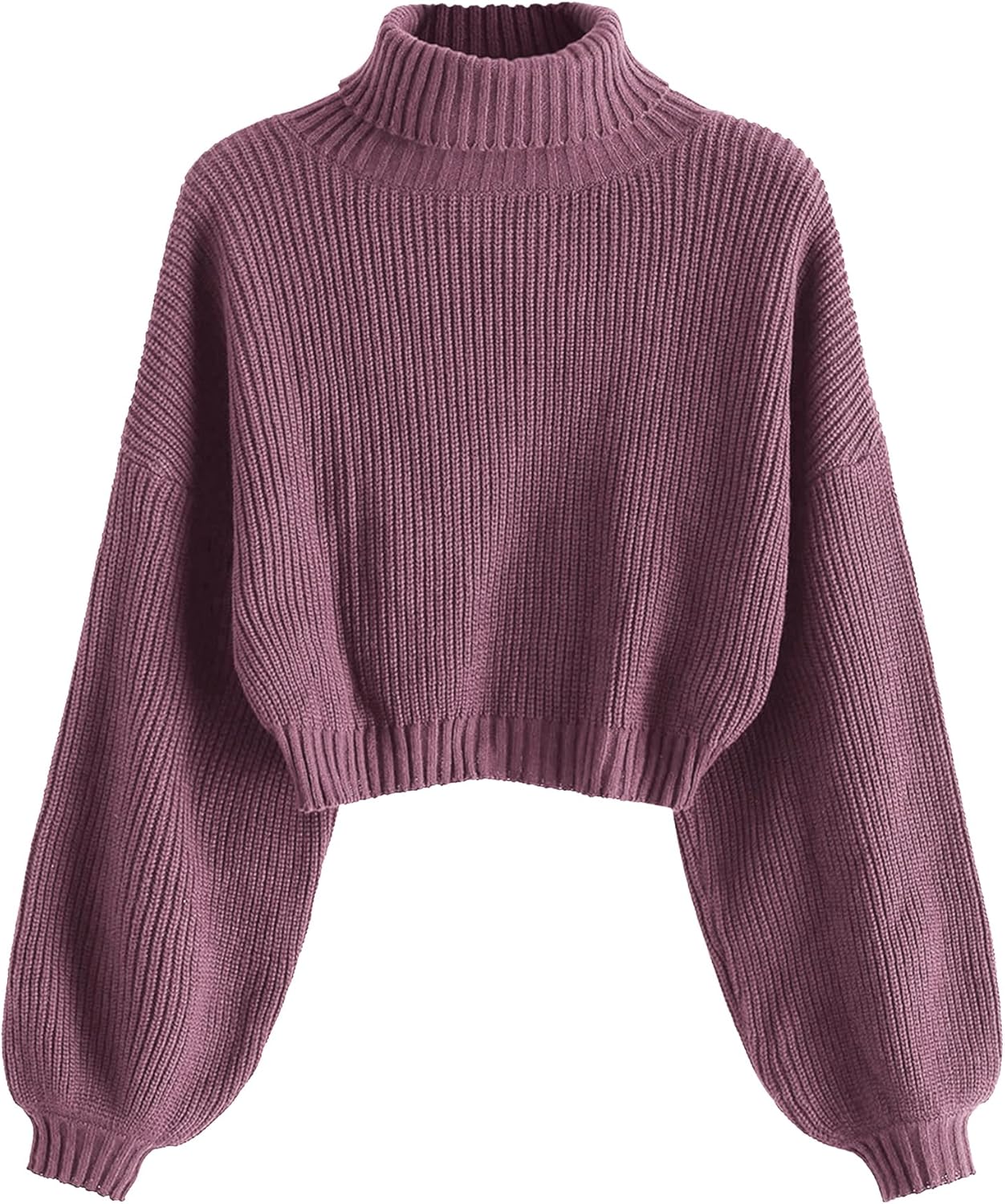 ZAFUL Women's Cropped Turtleneck Sweater Lantern Sleeve Ribbed Knit Pullover Sweater Jumper